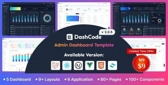 DashCode 2.0.9 – React, Vuejs, NextJs, Laravel, HTML, шаблон панели управления Tailwind